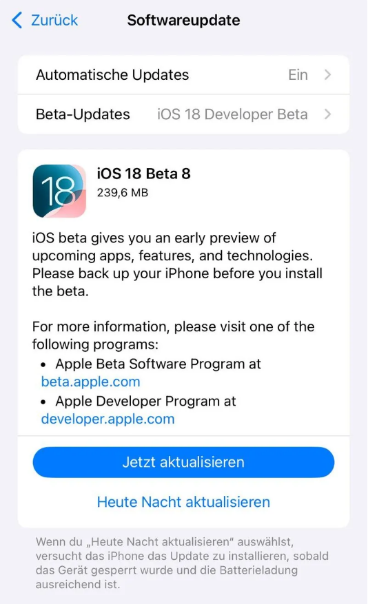 乌鲁木齐苹果手机维修分享苹果 iOS / iPadOS 18 开发者预览版 Beta 8 发布 